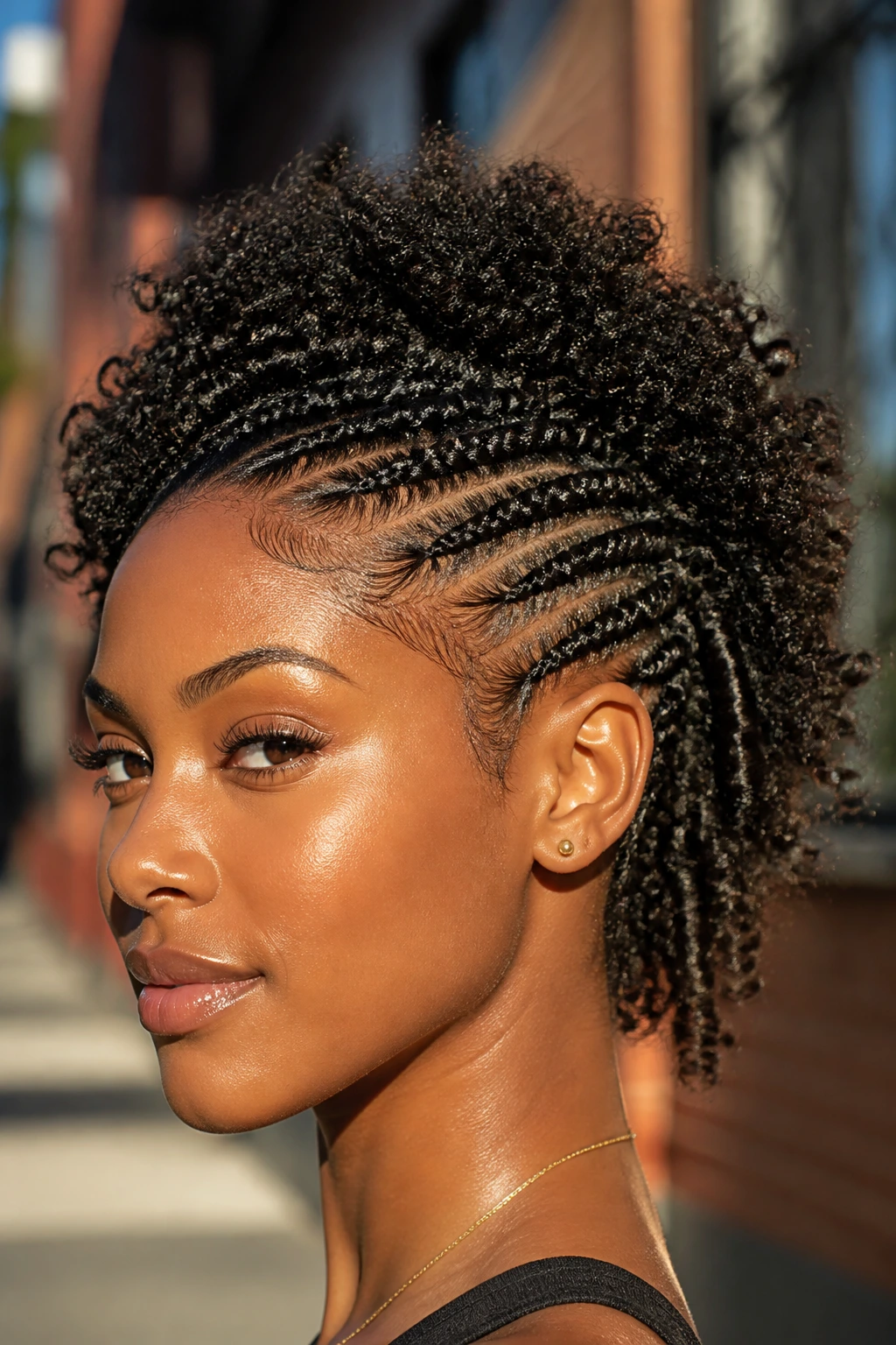 Close-up portrait of a real person with box braids on the edges and a center mohawk of loose coils.