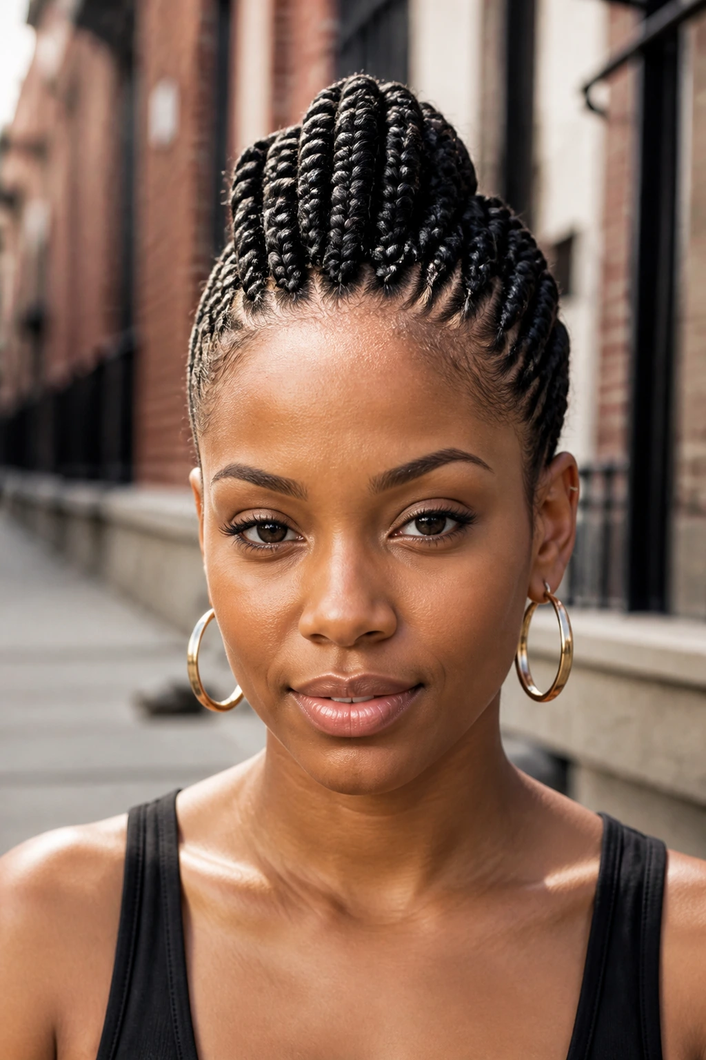 Close-up portrait of a woman with box braids mohawk in an urban setting
