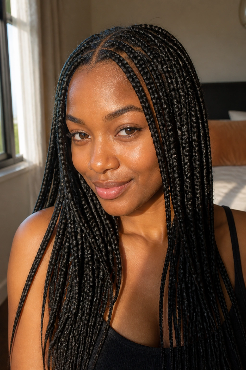 Close-up of a real woman with classic box braids in a cozy bedroom