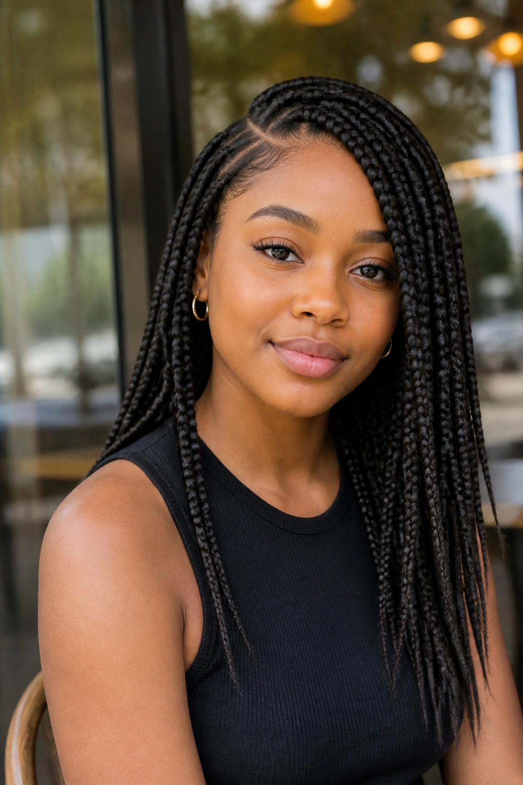 Close-up of a person with side-parted box braids