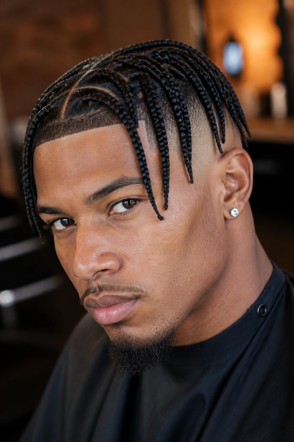 Portrait of a real man with box braids and a sharp skin fade