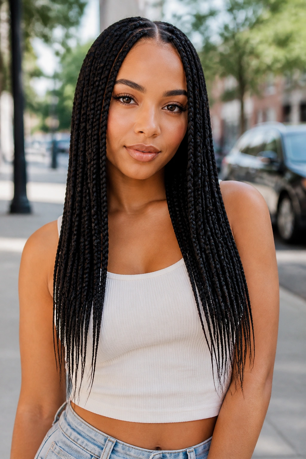 Portrait of a person with box braids that taper at the ends