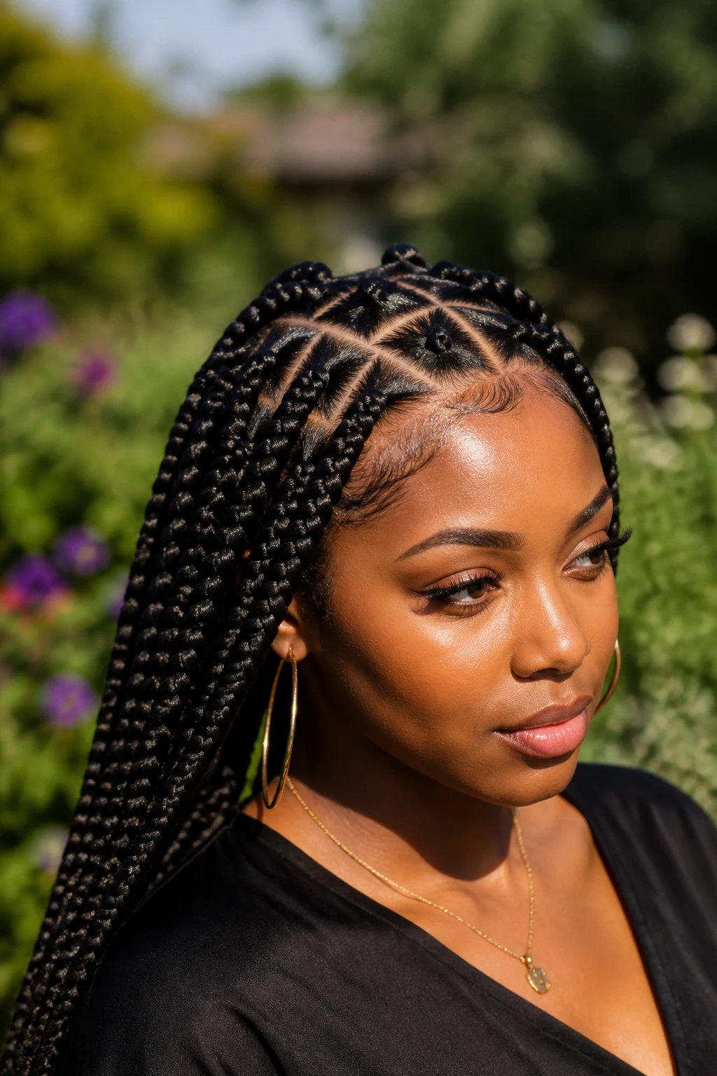 Real woman with triangle-part big box braids in a garden setting