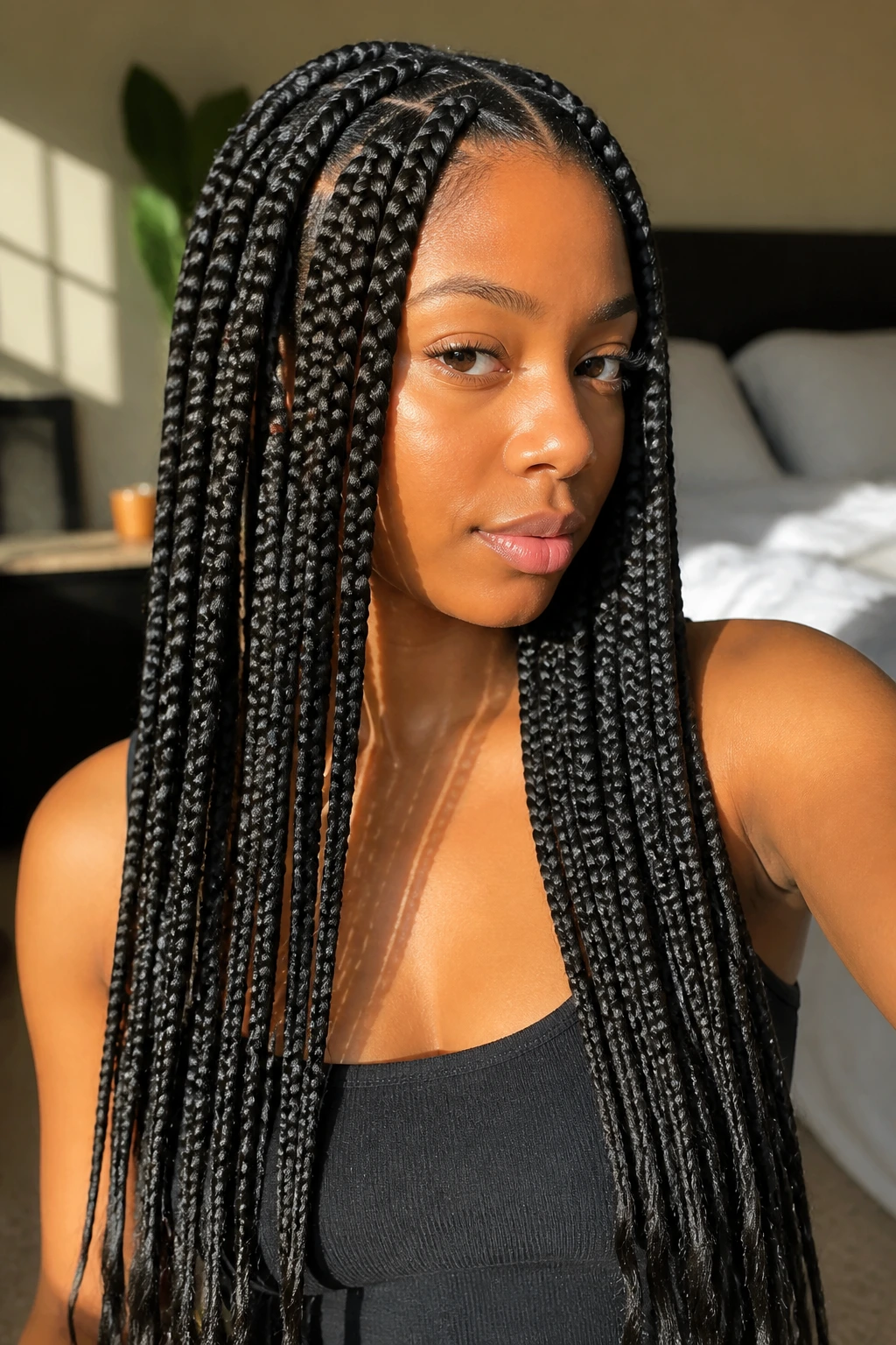 Close-up portrait of a real woman with waist-length box braids in warm window light