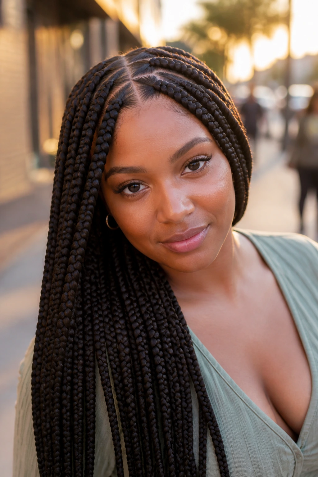 Real woman with zigzag-part big box braids on a city sidewalk