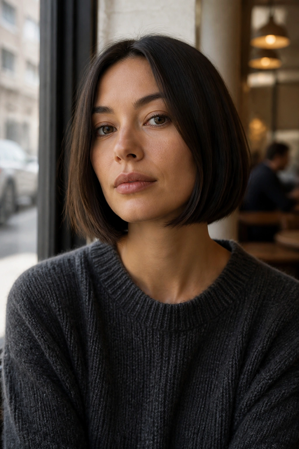Close-up of a person with a soft-edged box bob near a cafe window