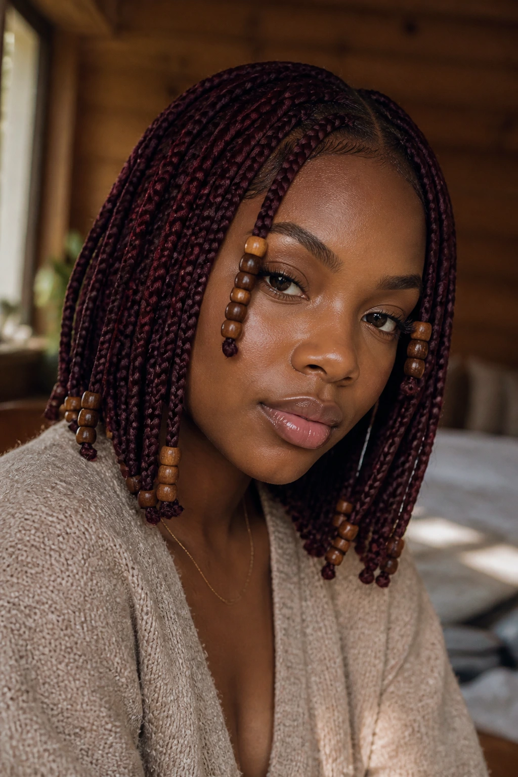 Close-up portrait of a real woman with burgundy box braids and wooden beads