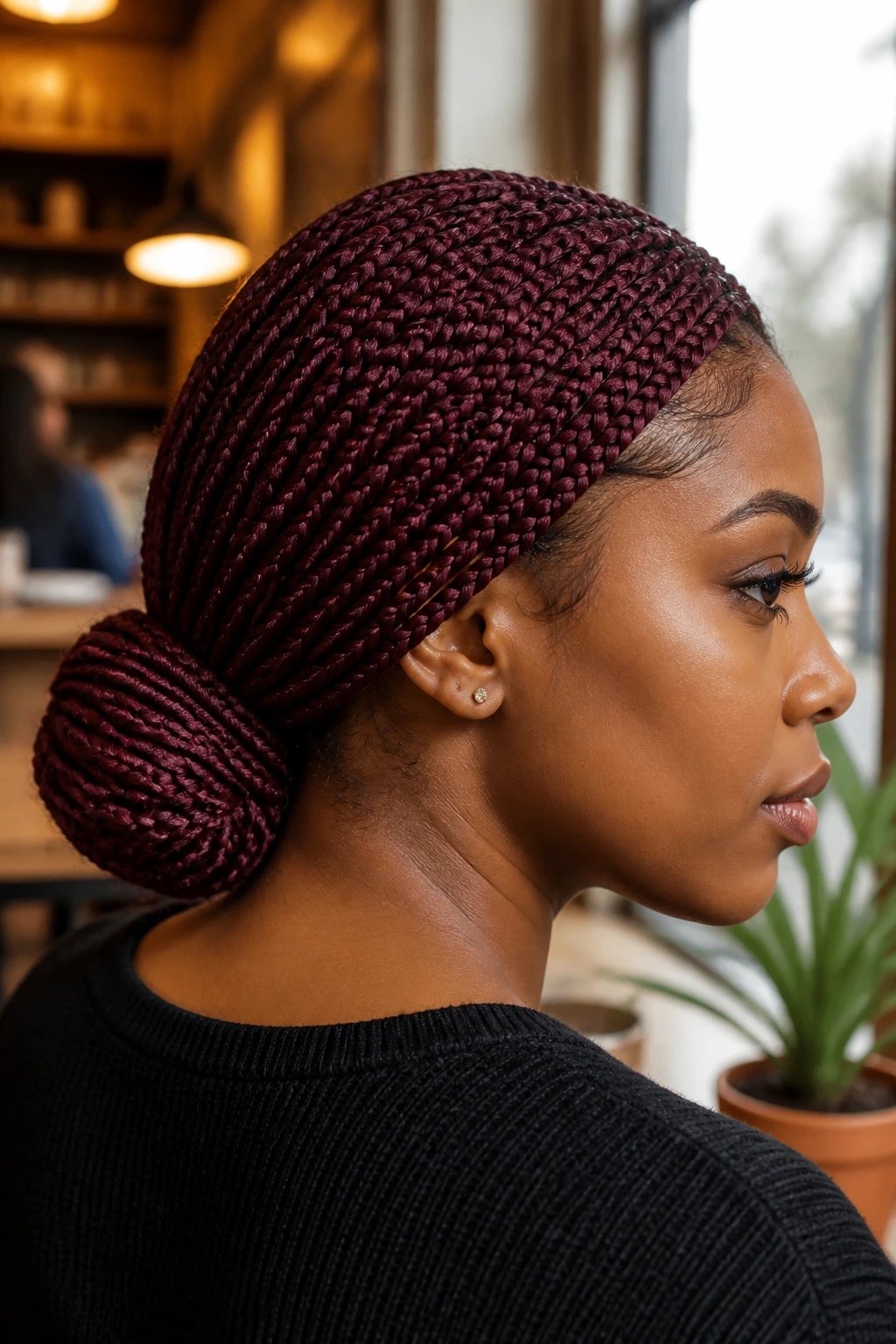 Close-up portrait of a real woman with burgundy box braids in a low bun