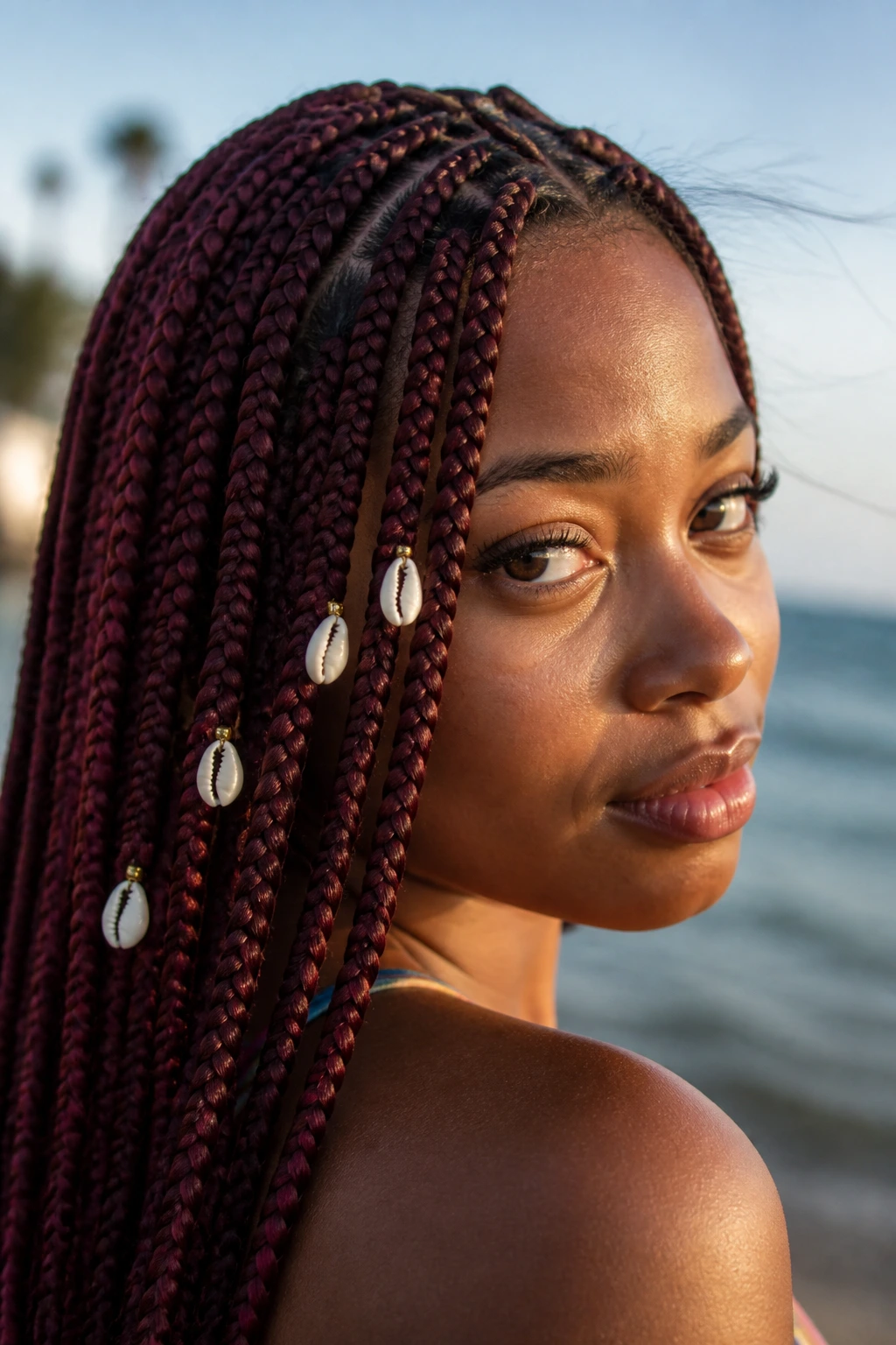 Close-up portrait of a real woman with burgundy box braids and shell charms