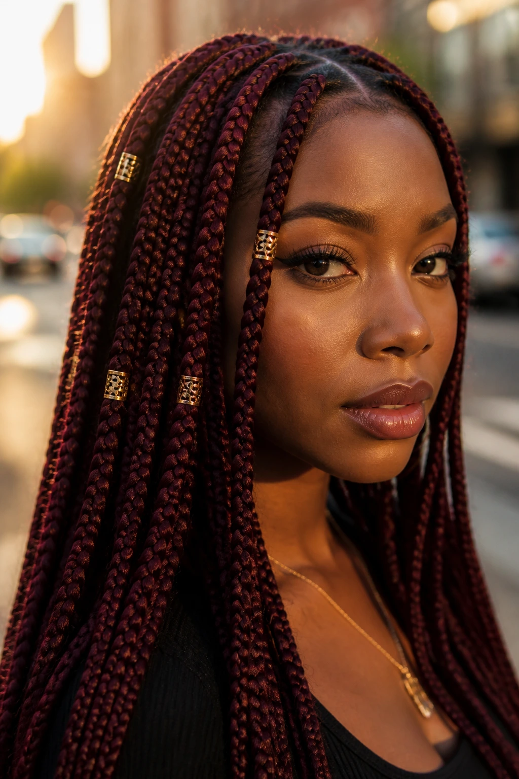 Close-up portrait of a real woman with burgundy box braids and gold cuffs