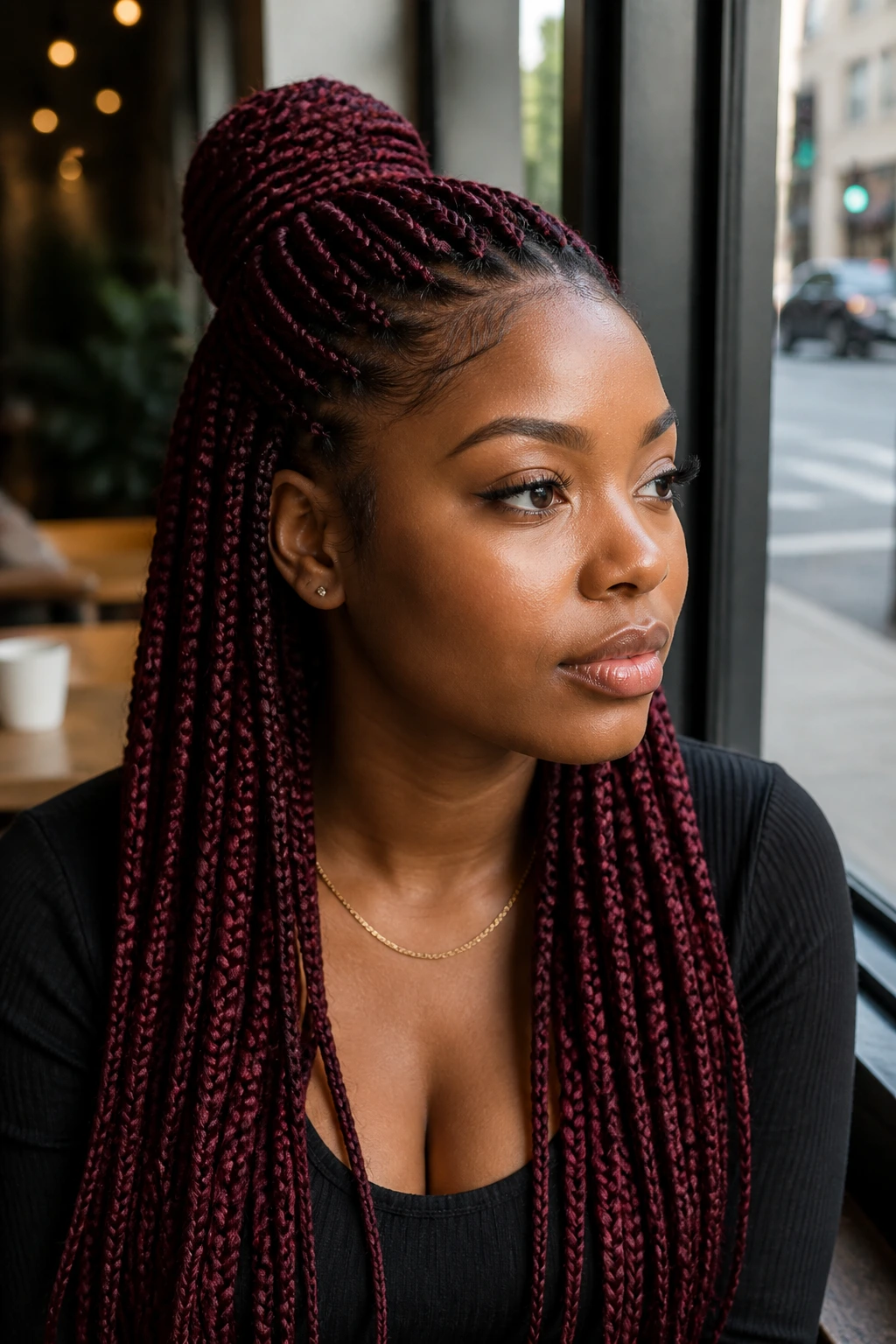 Close-up portrait of a real woman with half-up half-down burgundy box braids