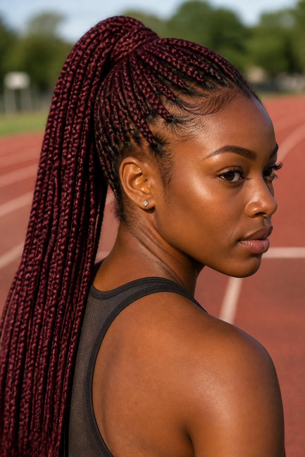 Close-up portrait of a real woman with burgundy box braids in a high ponytail