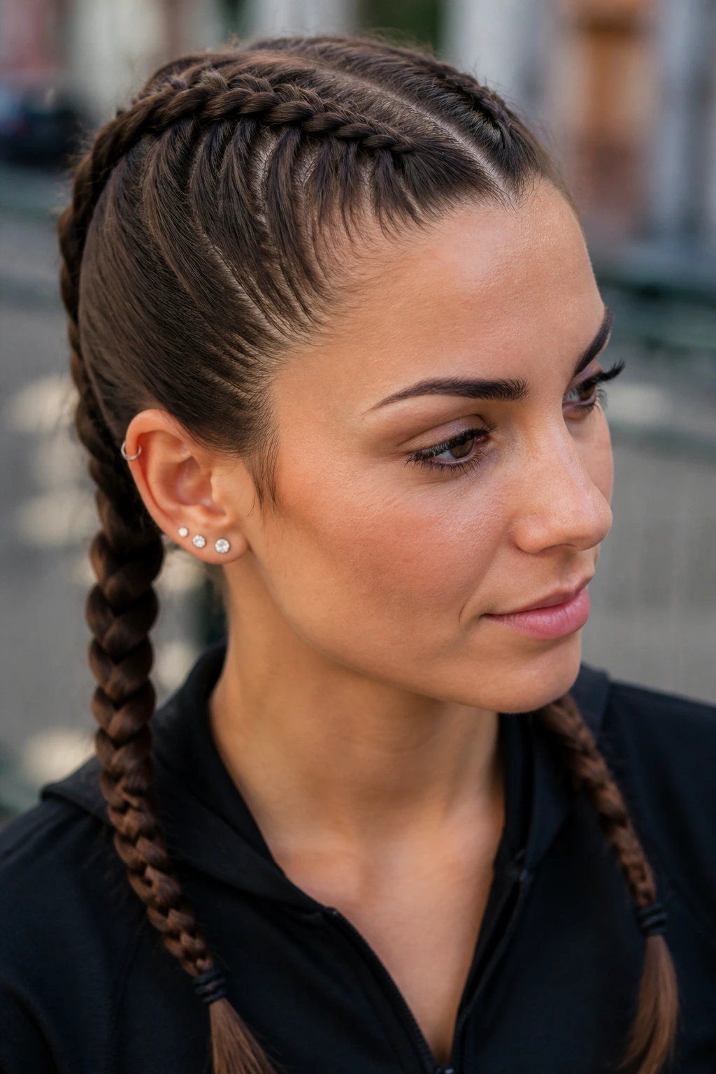 Close-up of a real woman wearing boxer braids along the scalp.