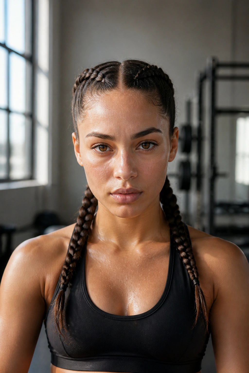 Front view of a real woman with two boxer braids at the hairline
