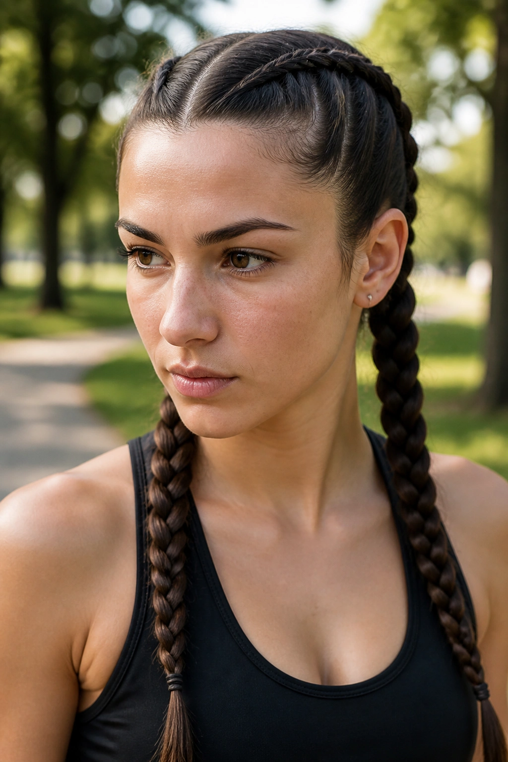Close-up portrait of a woman with boxer braids.