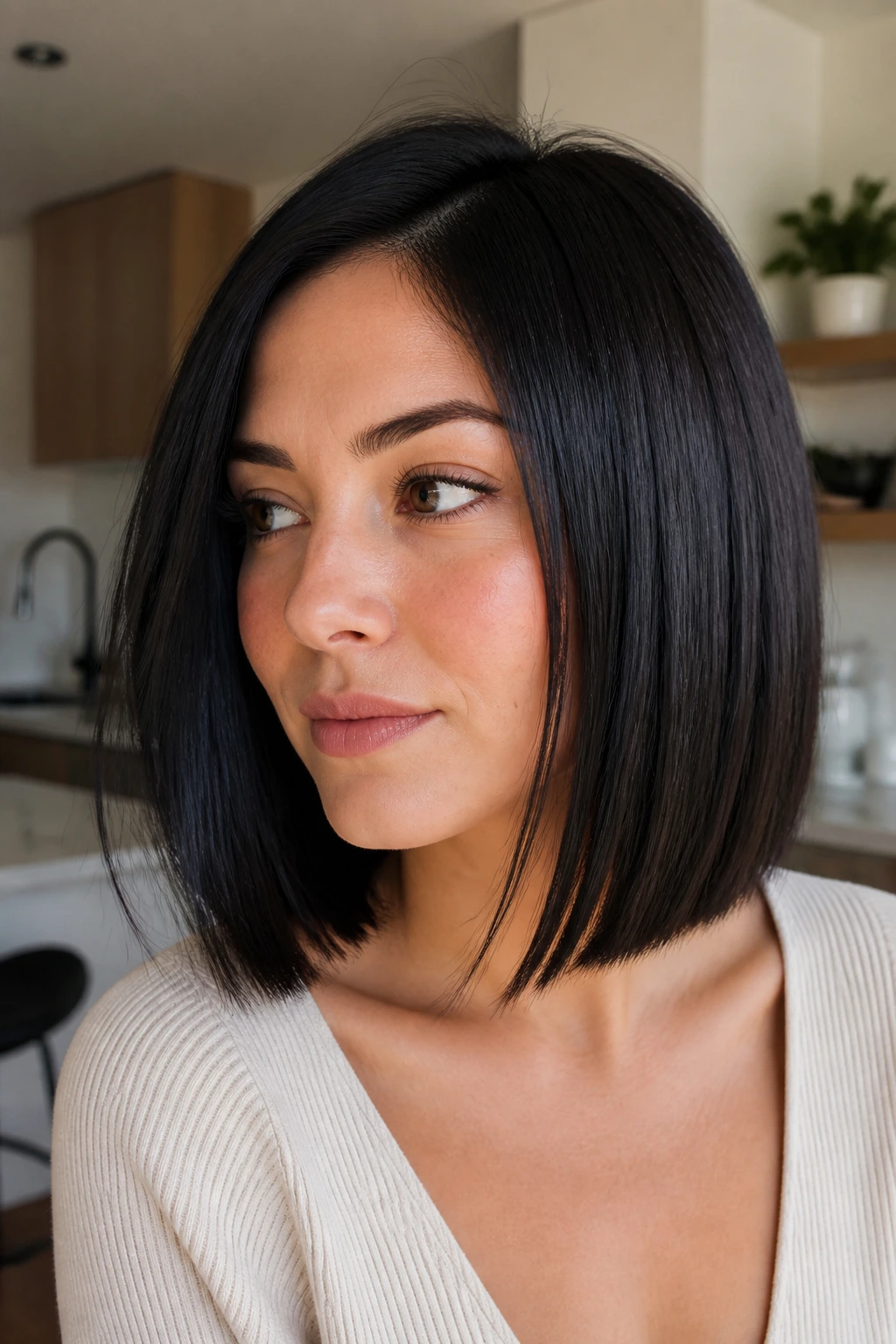 Close-up of a real woman with a boxy blunt bob and subtle interior layers
