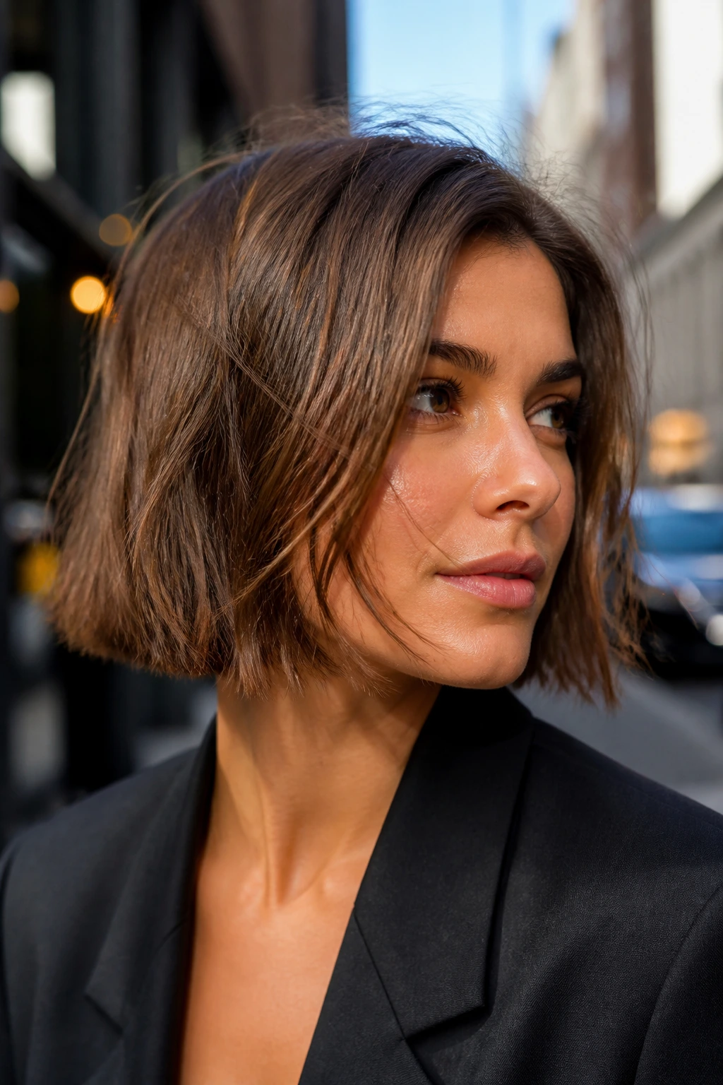 Real woman with boxy bob and broken ends against an urban street backdrop