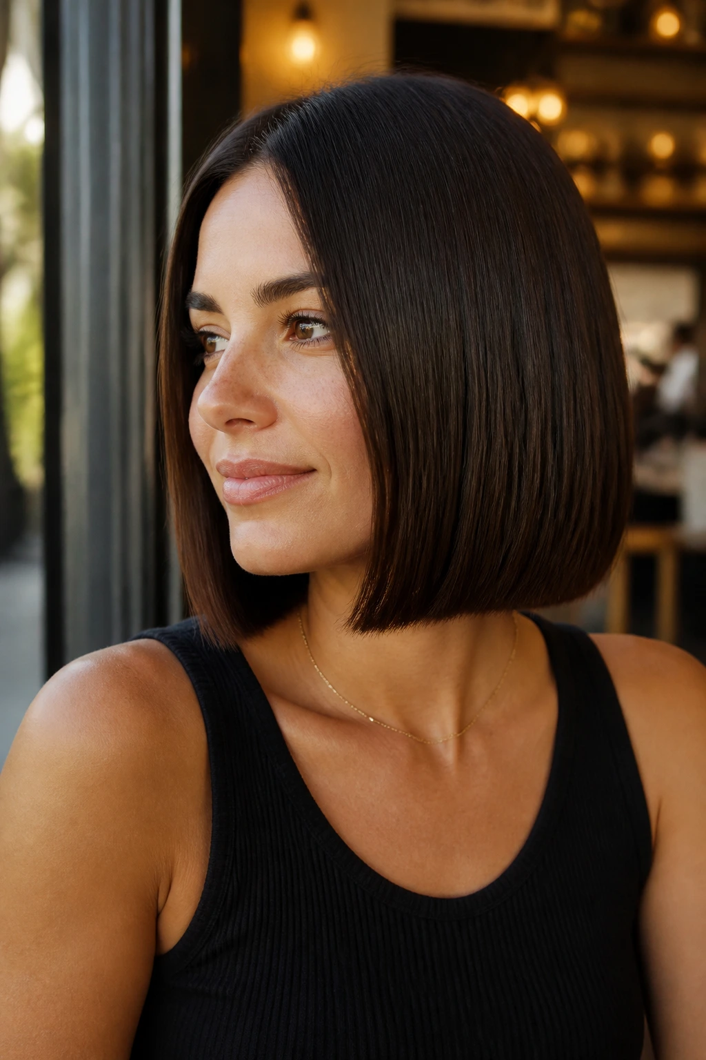 Close-up portrait of brunette woman with boxy one-length bob and thick stacked ends.