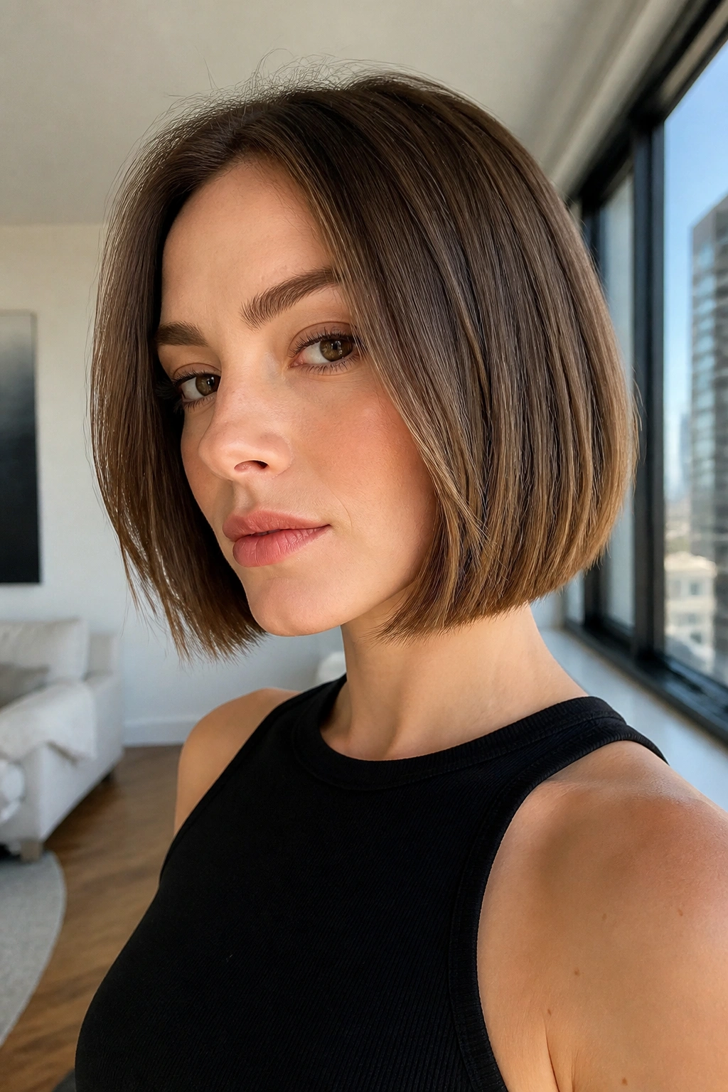 Portrait of a woman with boxy bob and micro-layers