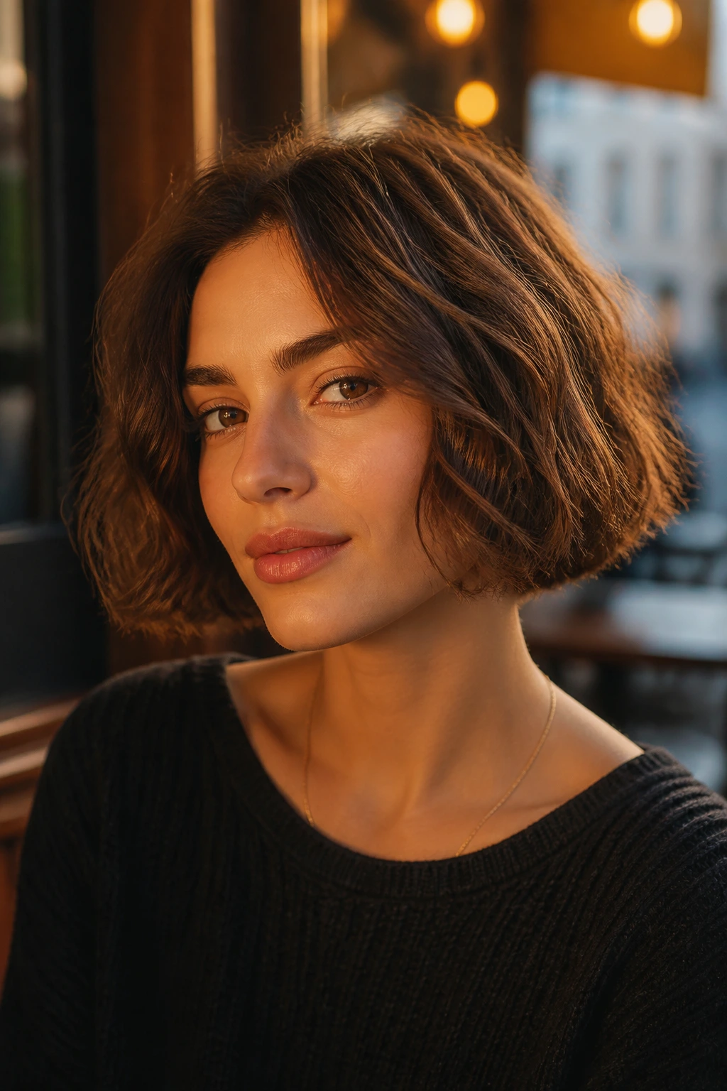 Close-up portrait of a real woman with a boxy bob and soft texture