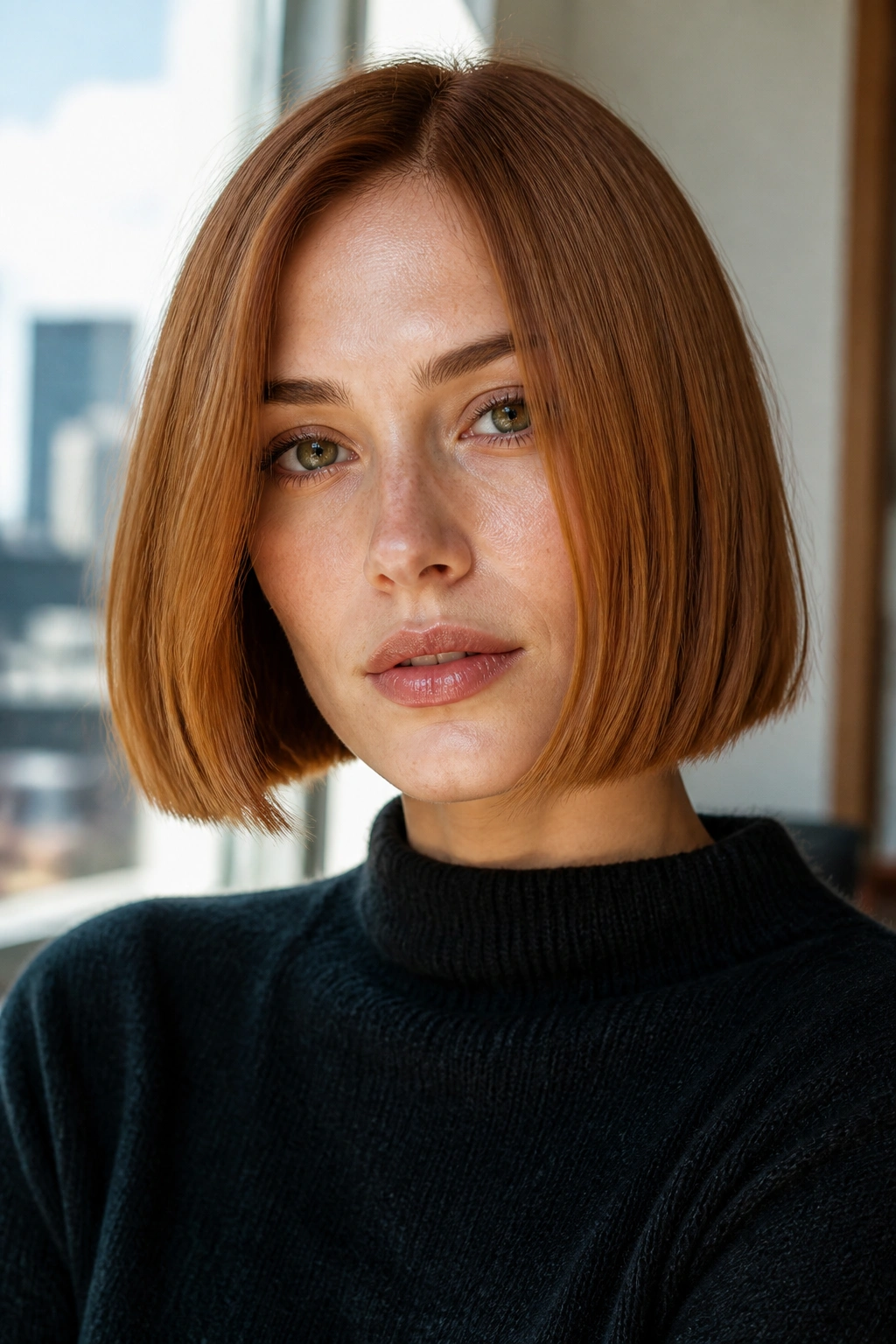 Real-person portrait with blunt boxy copper bob and strong horizontal line.
