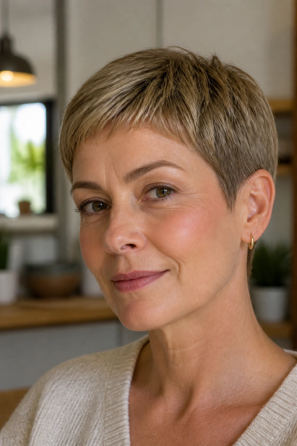 Close-up of a real woman with a boxy crop and soft corners in warm interior light