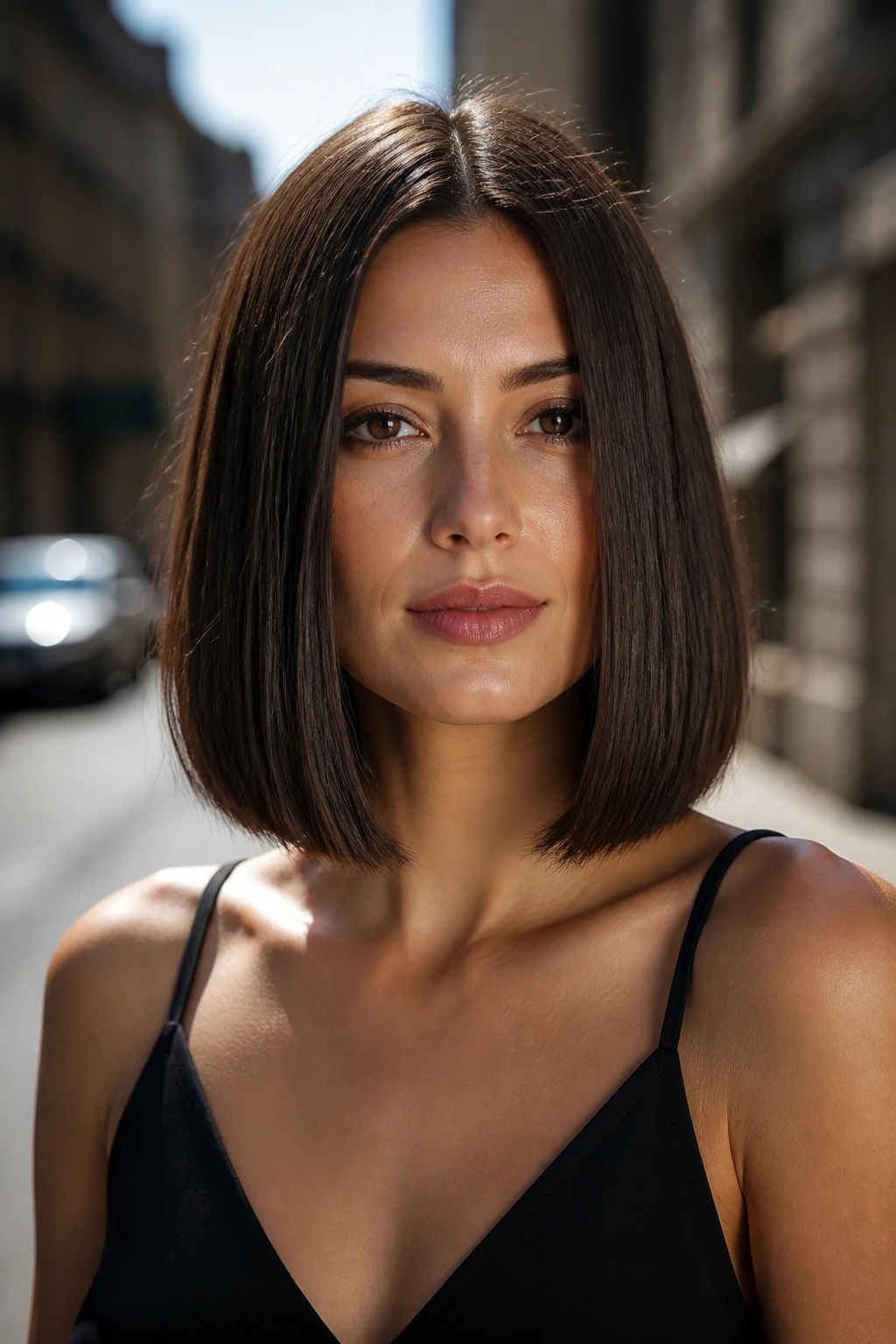 Front portrait of a real woman with a boxy modern lob