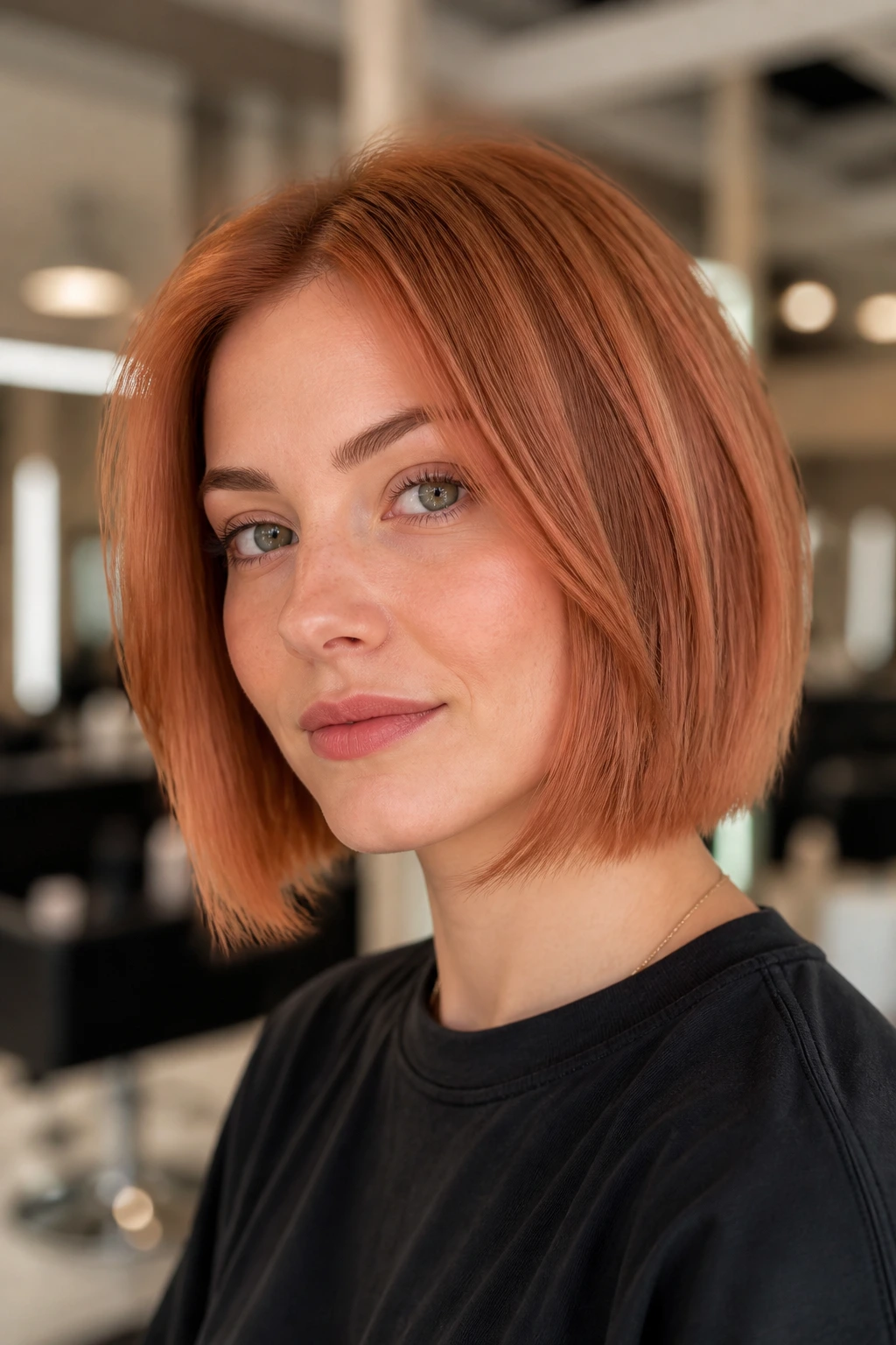 Close-up of a real woman with a boxy strawberry bob and soft beveled ends