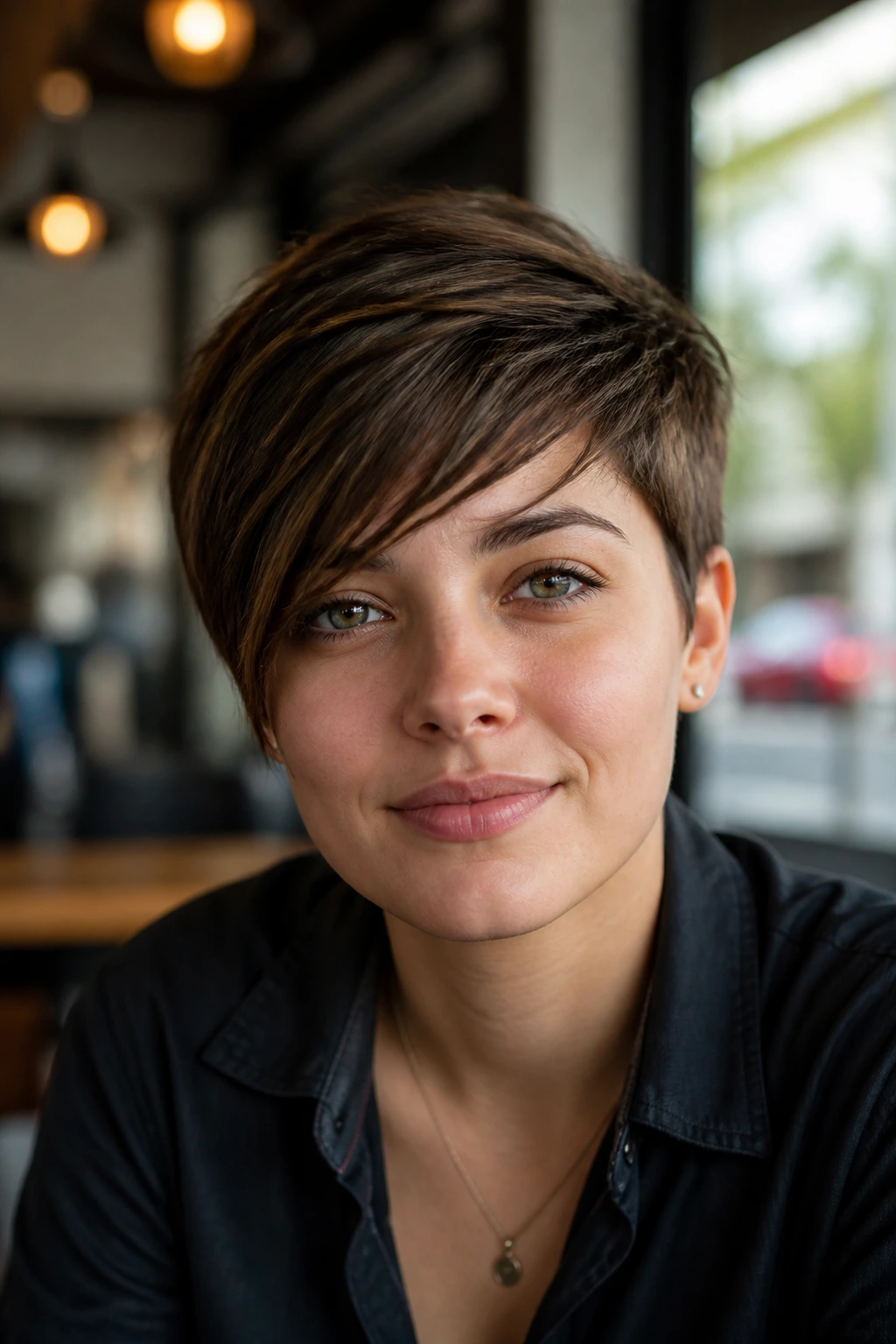 Person with boyish crop and sweeping fringe in cafe setting