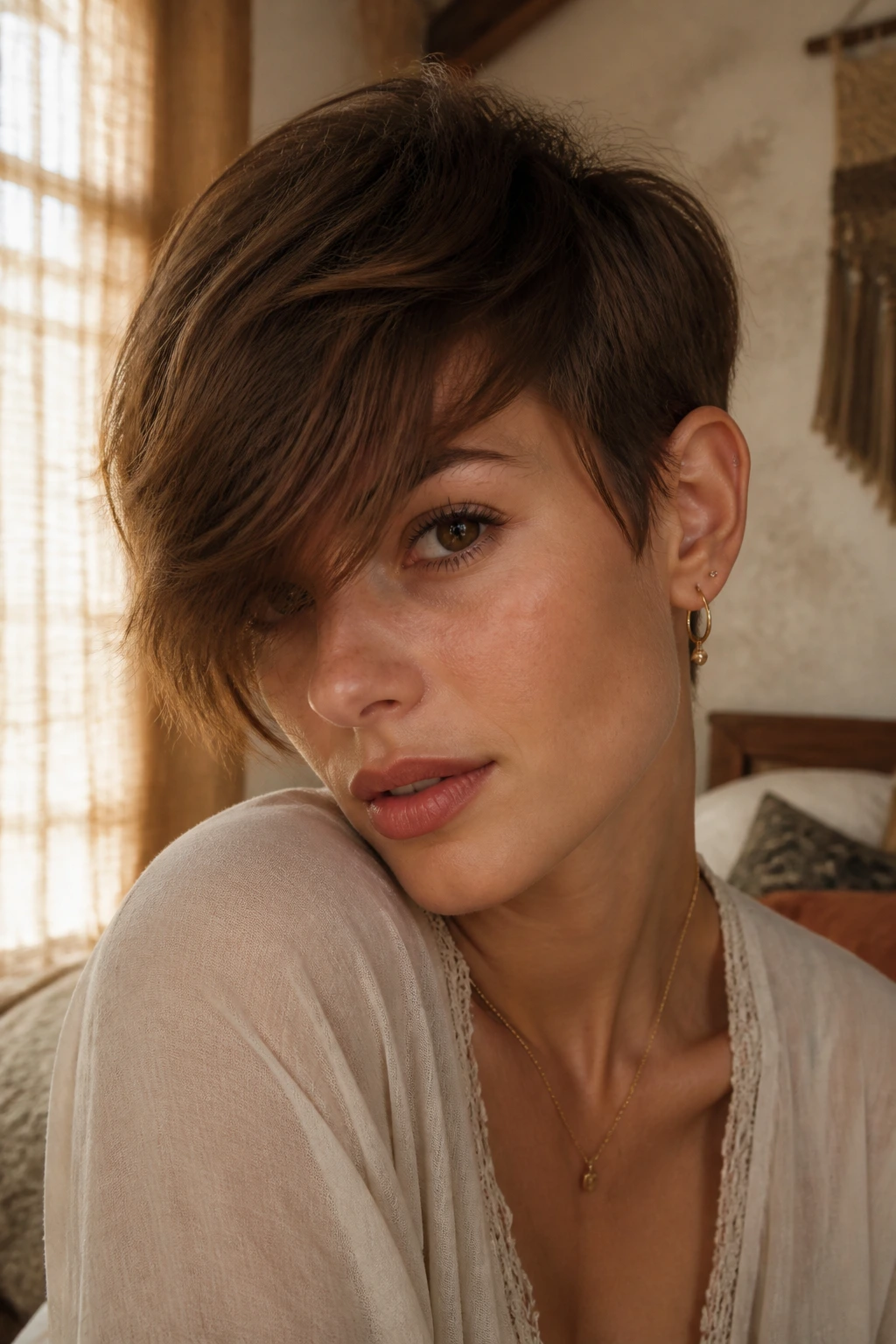 Close-up portrait of a real woman with a boyish crop and long fringe in boho lighting