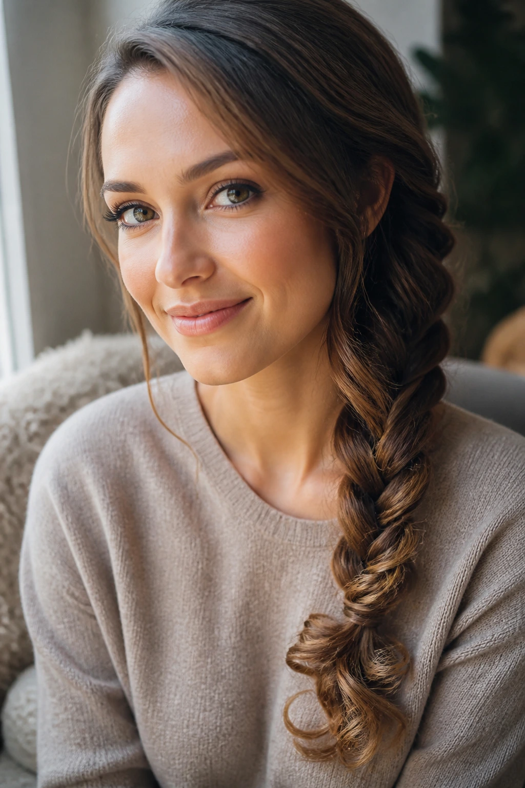 Close-up of a real woman with a side braid ending in curled ends in soft daylight