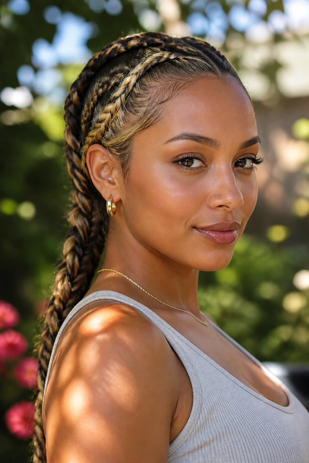 Real woman with blonde face-mapped highlights visible in a braid