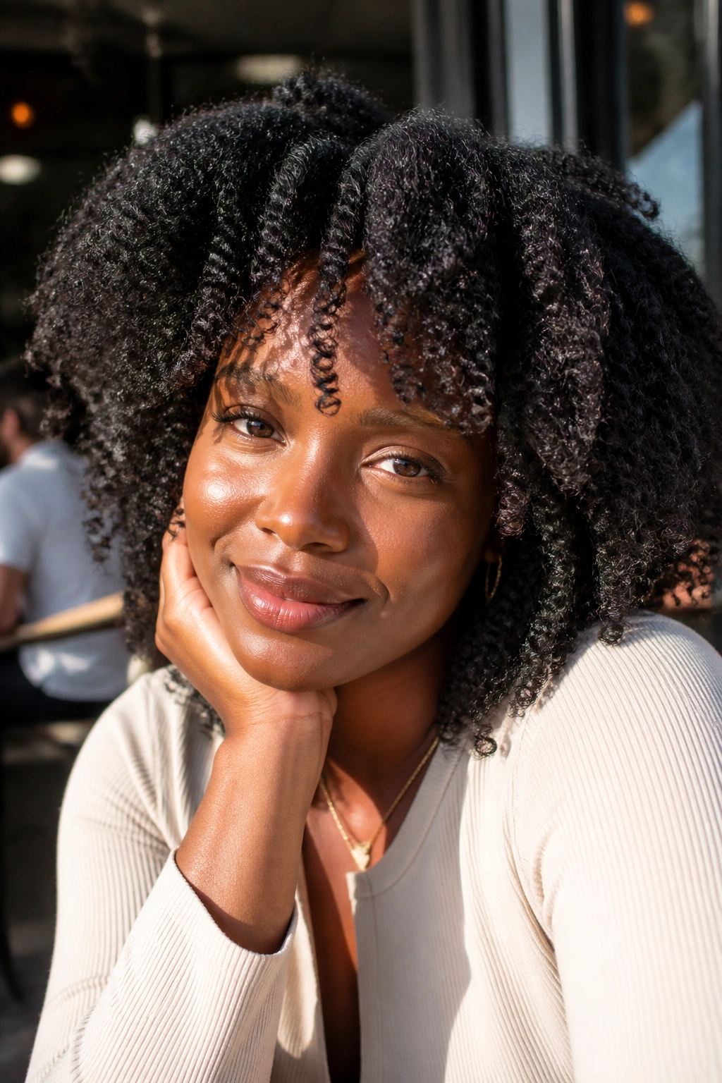 Close-up portrait of a real woman with a braid-out texture