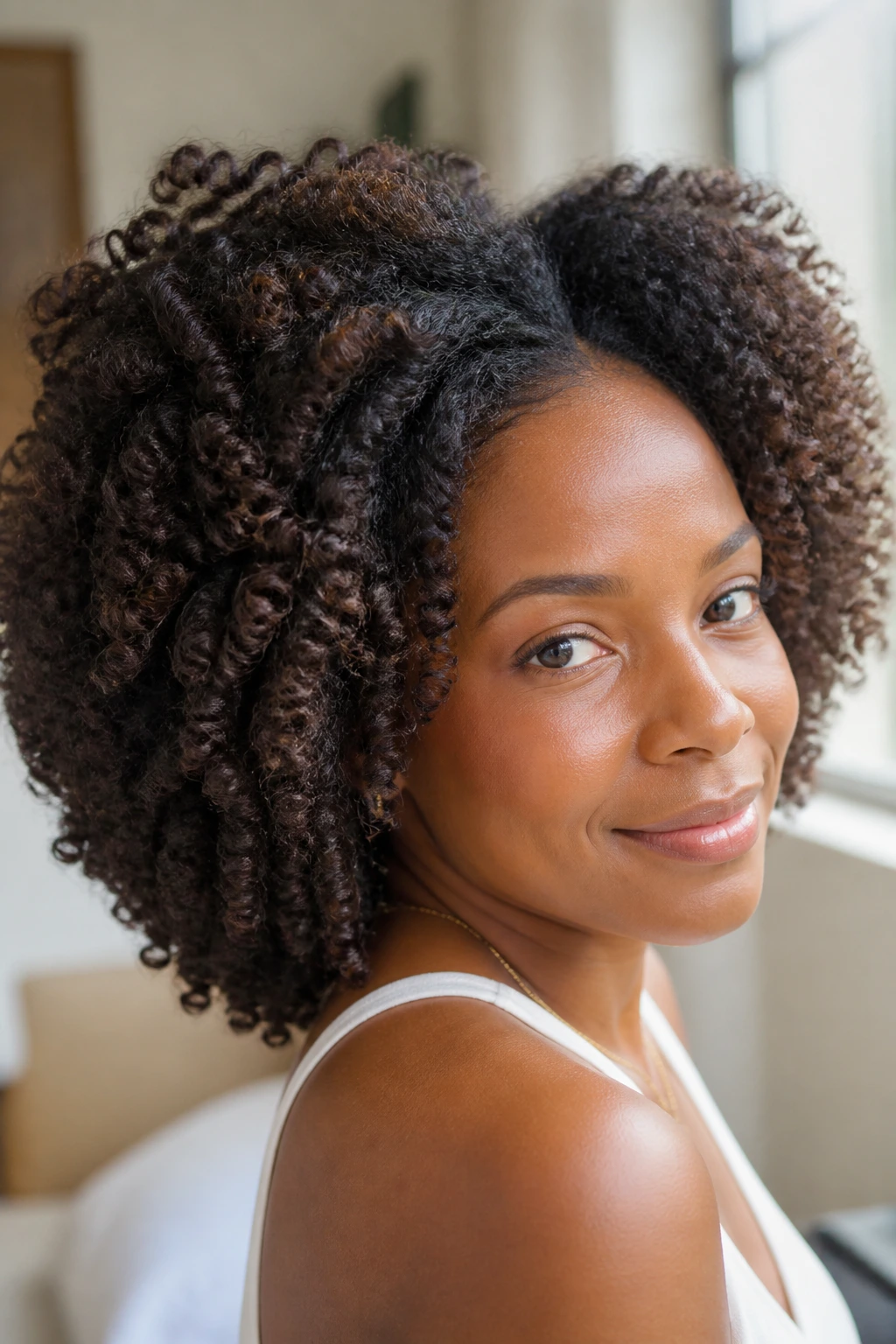 Close-up of real person with braid-out and brushed crown hairstyle