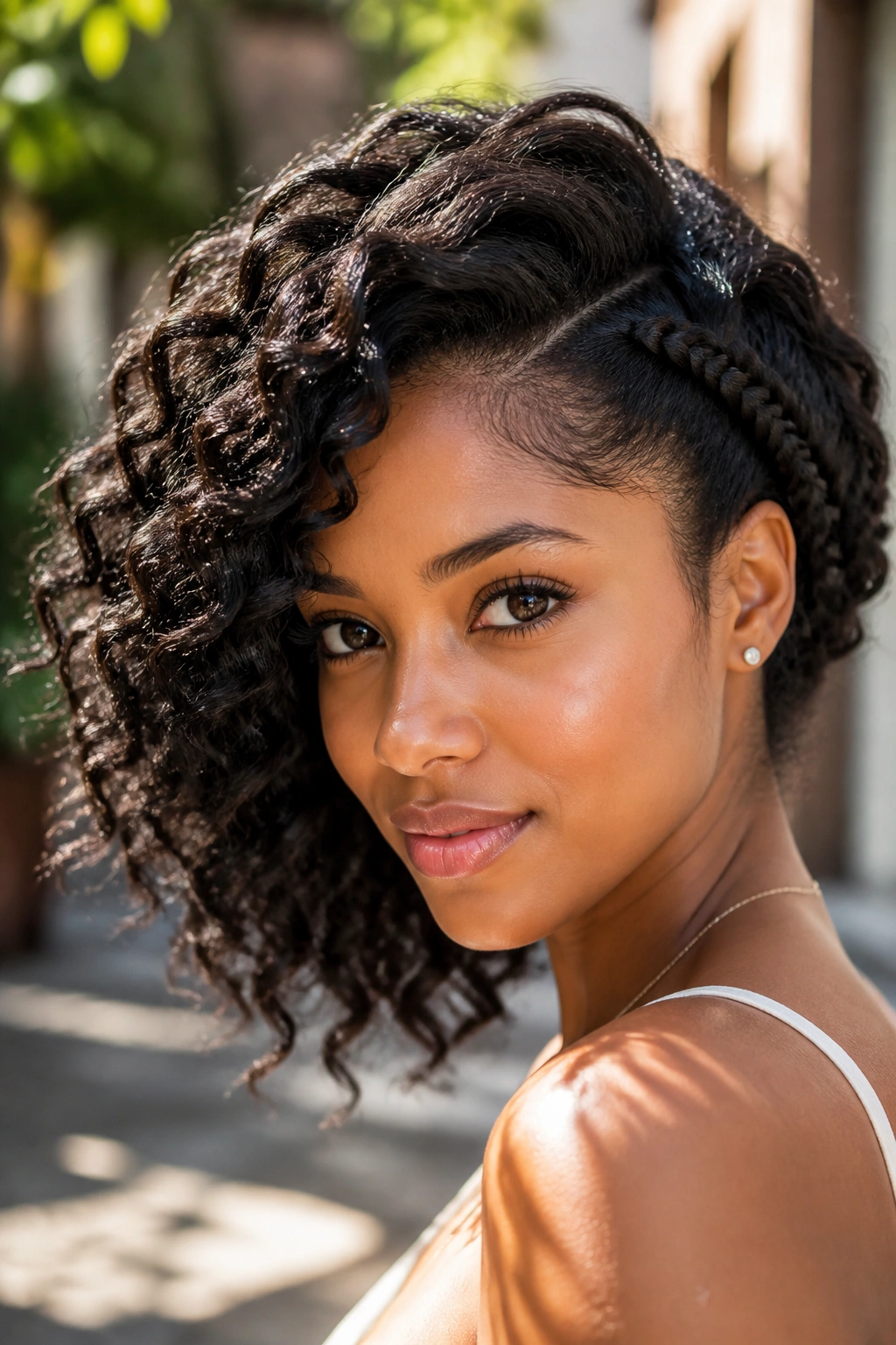 Close-up of a real person with a side braid-out and soft volume