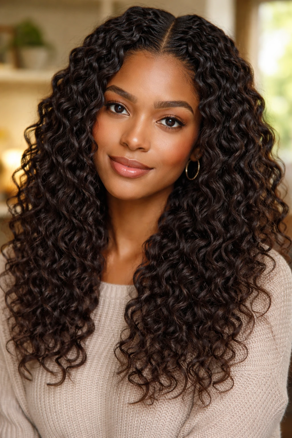 Close-up of a real woman's braid-out curls with zigzag waves