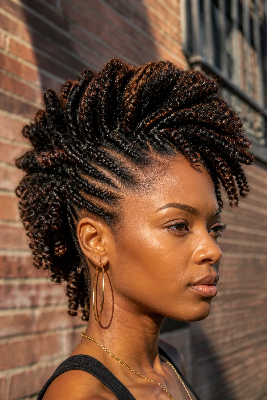 Real person with Braid-Out Mohawk showing voluminous braided center and pinned sides