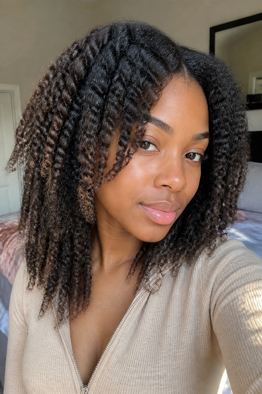 Close-up portrait of a real woman displaying a braid-out with stretched ends and zigzag braid pattern