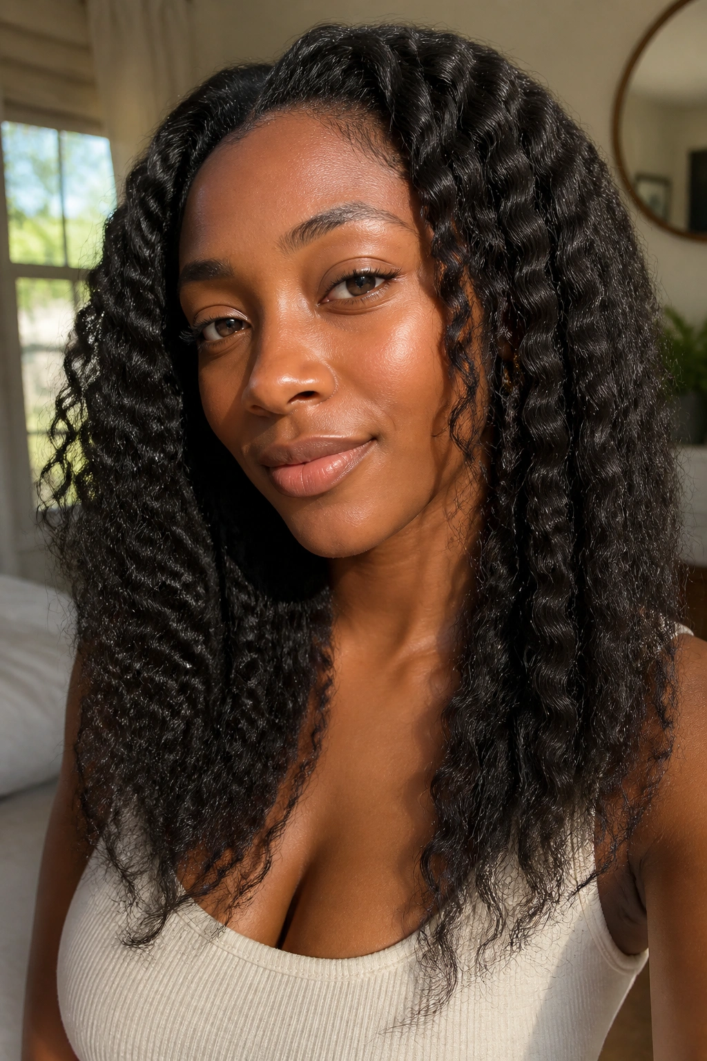 Close-up of a real person with a braid-out showing stretched length