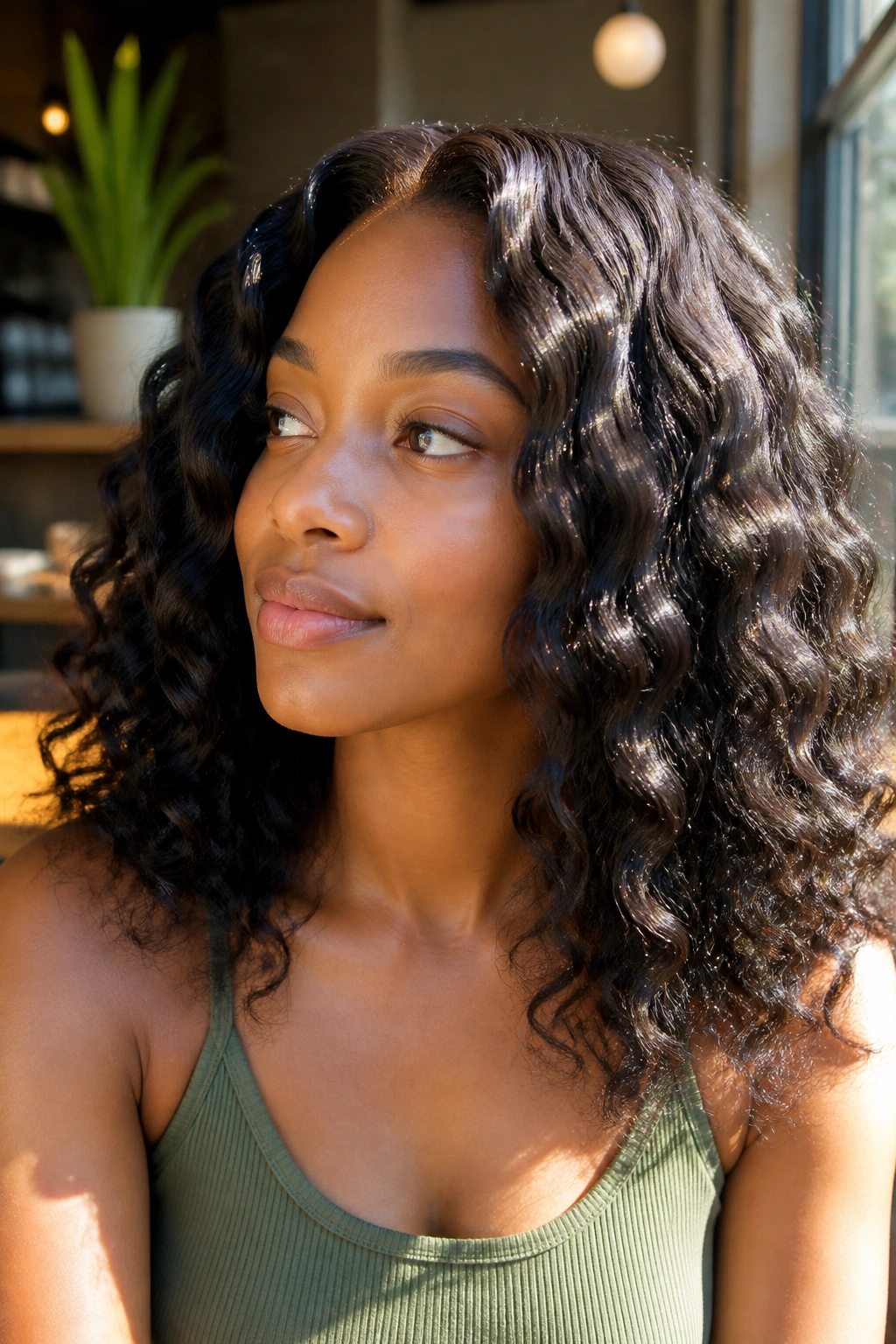 Close-up of a real woman with braid-out soft waves in natural light