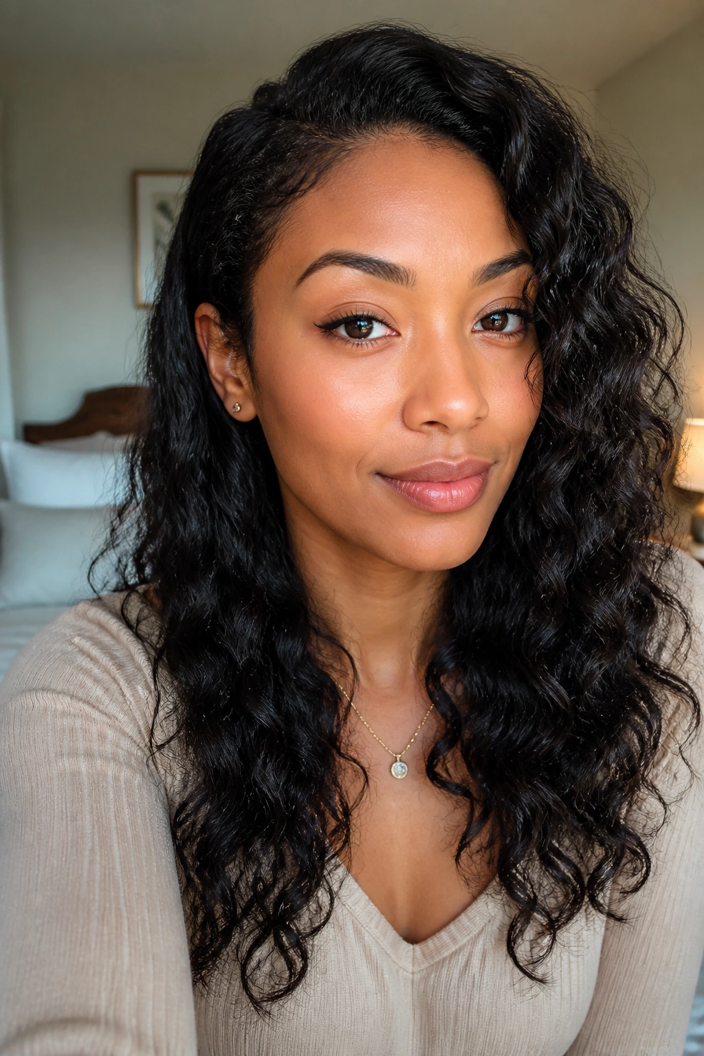 Real woman with soft braid-out waves in natural light