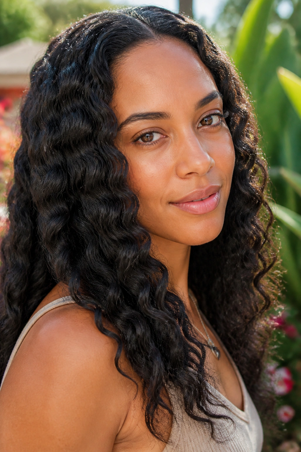 Close-up of a real person with braid-out waves in sunlit outdoor setting