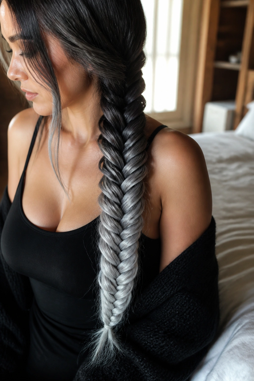 Close-up of real woman's hair in a black-to-silver fishtail braid showing root-to-end color transition