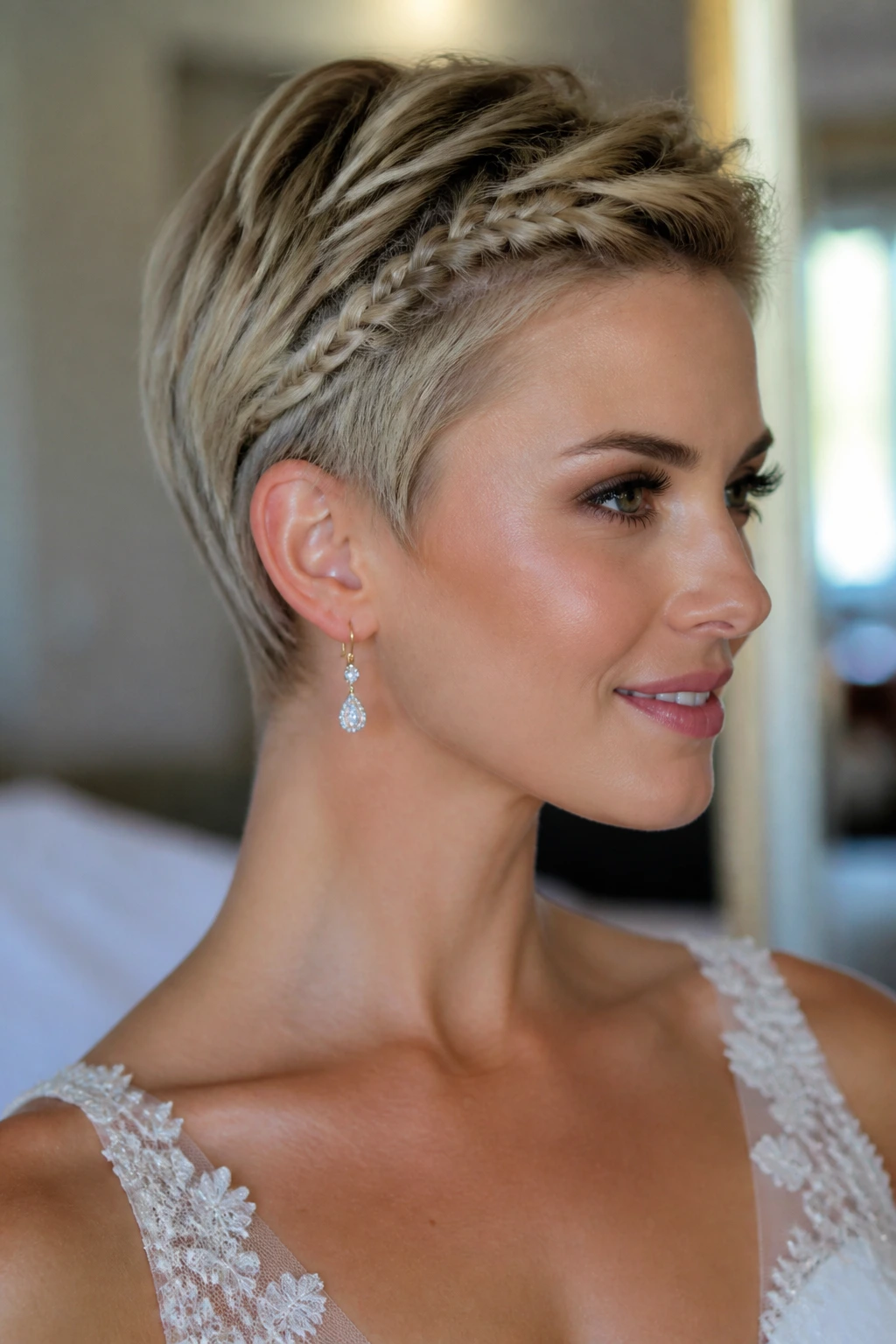 Close-up of a short crop with a delicate braided bang on a real person