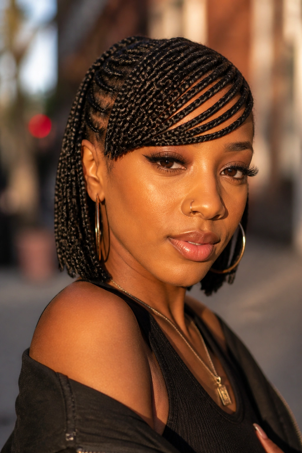 Close-up of a person with braided bangs forming a faux fringe across the forehead