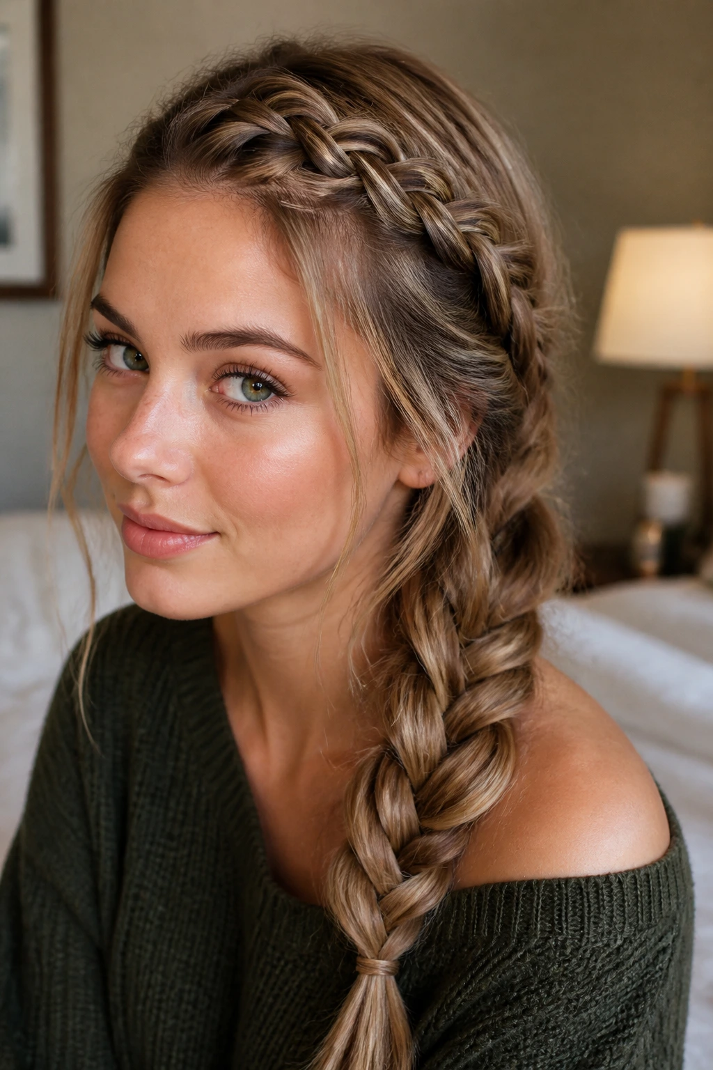 Close-up of a real woman with braided bangs flowing into a side braid under warm bedroom light