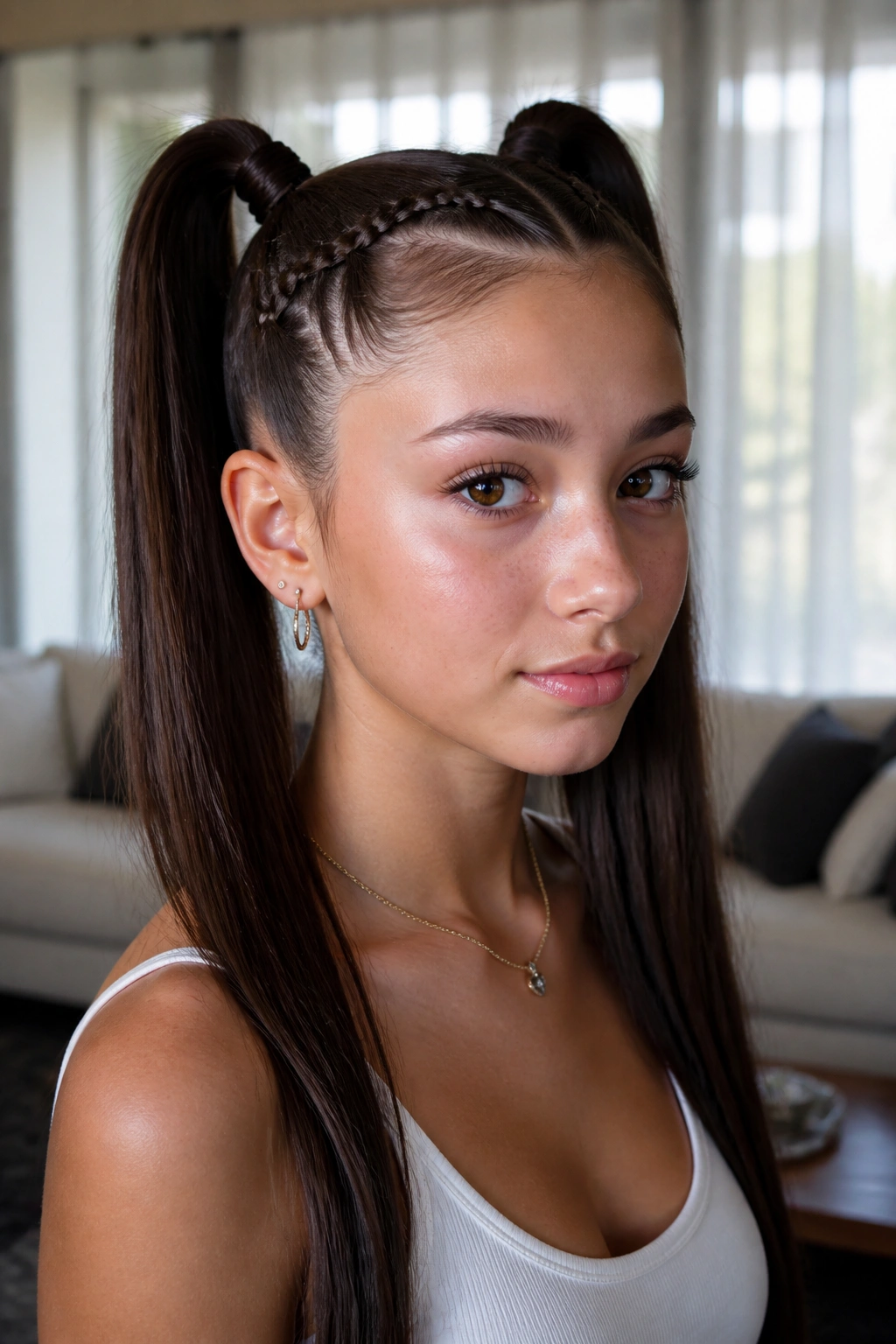 Real person with braided-base high pigtails in a cozy living room.