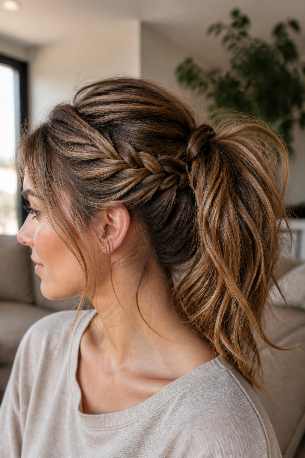 Real-person portrait showing braided-base messy ponytail anchored at the crown