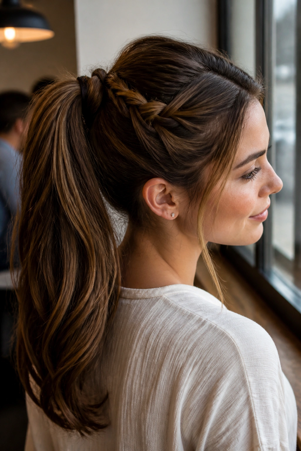 Close-up portrait of a real woman with a braided-base ponytail and crown braid.