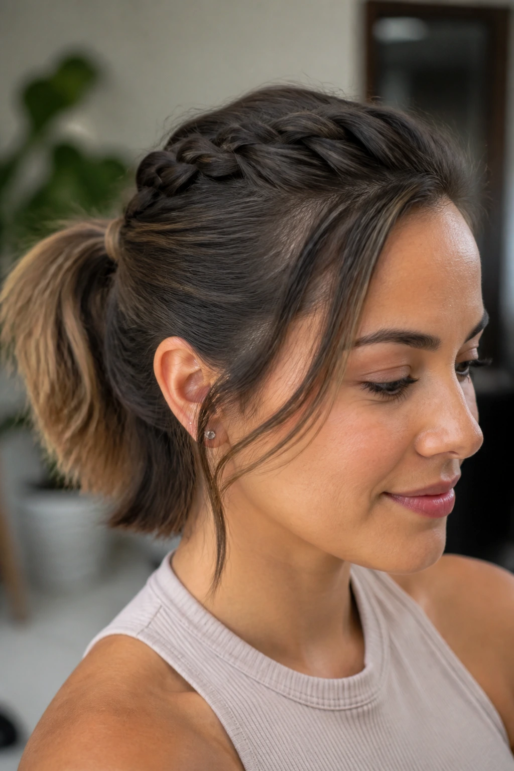 Close-up of a real woman with braided-base ponytail and short layers